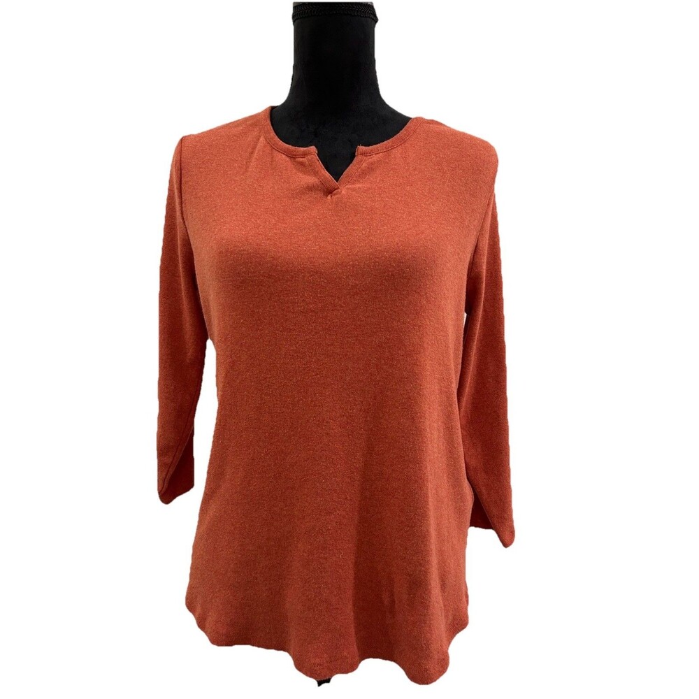 Chicos Size 2 US Size Large Orange Top 3/4 Sleeves Pullover 100% Cotton